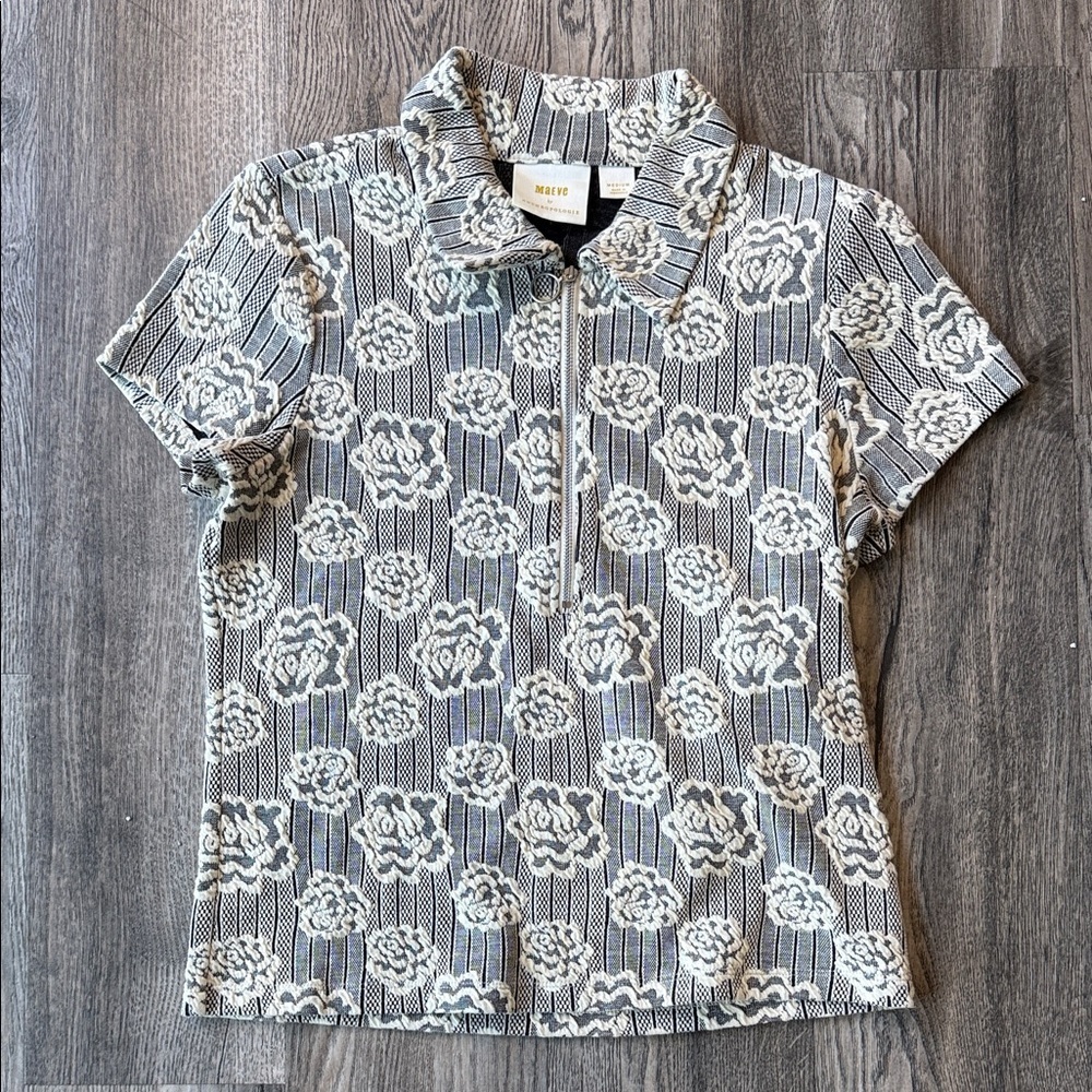 Maeve Sweater Floral Jacquard Zip-Up Polo Sweater Short Sleeve Medium